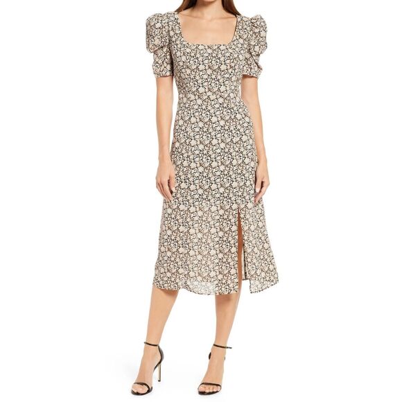 Sam Edelman Women Beige/Black Ditzy Floral Midi A-line Summer Dress Size US 2 - Picture 1 of 7